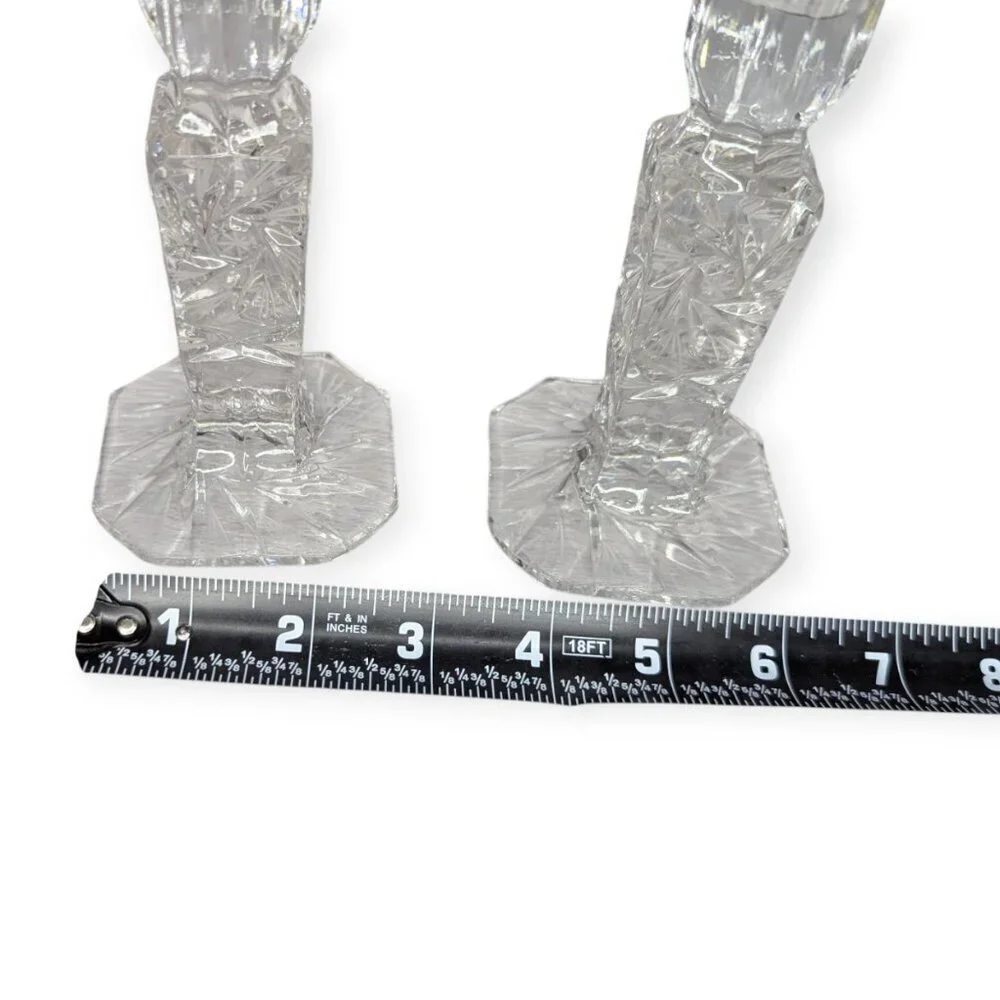 Vintage Pair Set Cut Lead Crystal Candle Stick Holders Pinwheel Pattern 6
